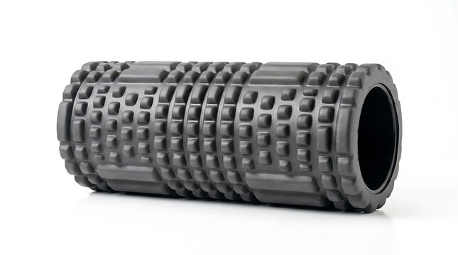 Black foam roller with textured surface isolated on white background