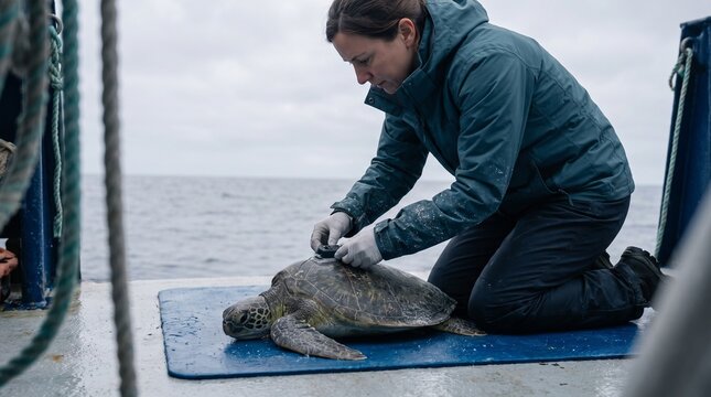 Marine biologist fitting a satellite tag to a rescued sea turtle on a research boat deck