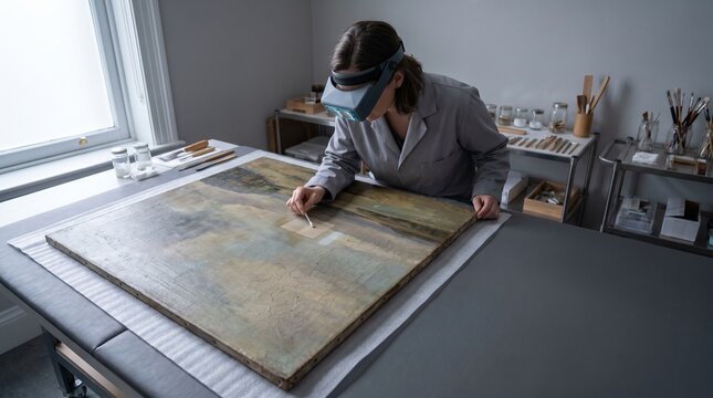Museum conservator cleaning a test patch on an oil painting laid flat on a padded table