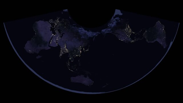 Conic equal-area world map projection. Albers conic projection shows global night lights. Illuminated cities and continents with dark ocean. Elements of this animation derived from NASA imagery.
