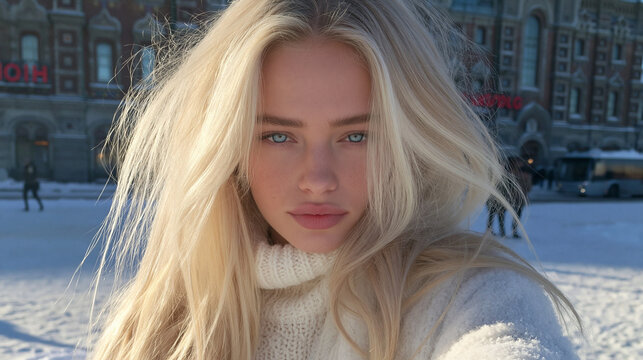 Blonde Frau mit windzerzausten Haaren im wei&szlig;en Pullover, winterliche Stadtkulisse, Portraitfotografie f&uuml;r Mode und Lifestyle.