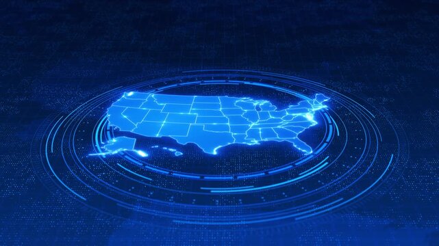Advanced United States map scanner layout glowing interface rings. Perfect for digital dashboards, management reports, location analytics, 19 presentations and modern data visualization