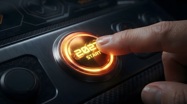 Futuristic hand pressing glowing 2027 start button in vehicle illustrating advanced automotive technology and ignition systems.
