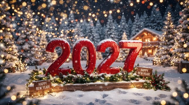 Vibrant Winter Wonderland Celebration with Glowing 2027 New Year Numbers and Festive Decorations in Snowy Setting