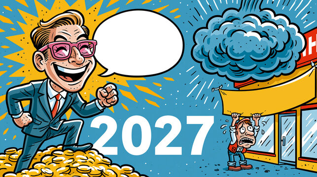 Comic-Illustration eines jubelnden Gesch&auml;ftsmanns mit Sprechblase vor Rauchwolke und Geldm&uuml;nzen, Thema 2027 und Wirtschaftskrise.