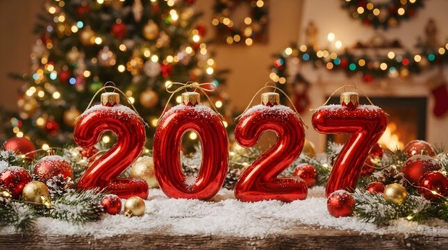 Festive Christmas Display Featuring Glittering Red Candy Cane Numbers 2027 Surrounded by Ornaments and Pine Branches