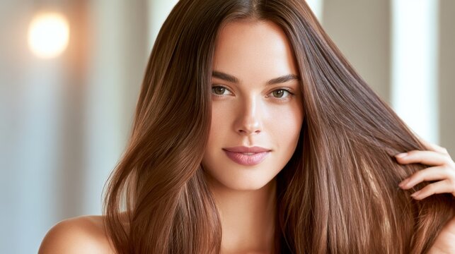 Beautiful young woman with long, shiny brown hair smiling at camera in softly lit interior setting with natural beauty and serenity in focus