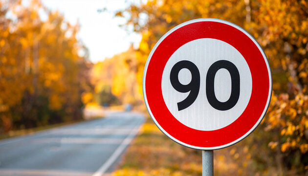 Circular road traffic sign 90 with km hour speed-limit, red border, white center, mounted beside a road, soft autumn trees and golden foliage blurred on background. Close-up.