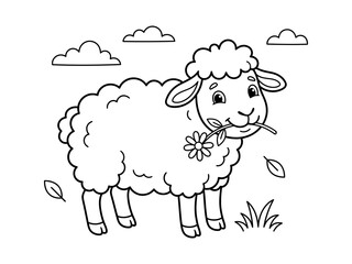 Obraz premium Cute cartoon sheep with flowers in its wool isolated on transparent background