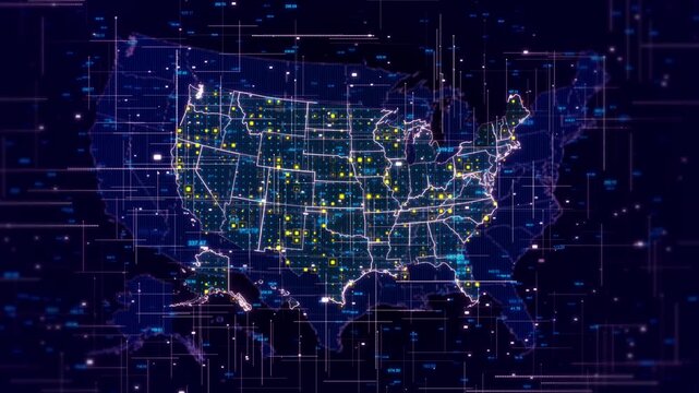 Digital United States map glowing markers, numerical detail modern analytics styling. economic analysis, corporate market trends, demographic research, national planning data driven projects