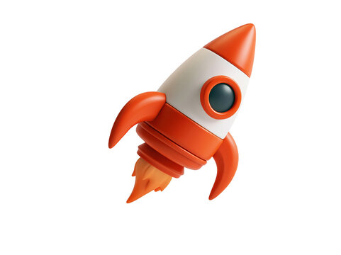 3D render of a cute orange and white toy rocket ship flying with fire exhaust