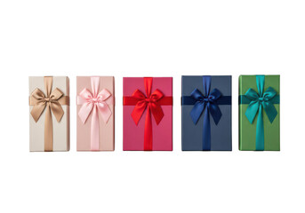Fototapeta premium Five colorful gift boxes with ribbons isolated on transparent background