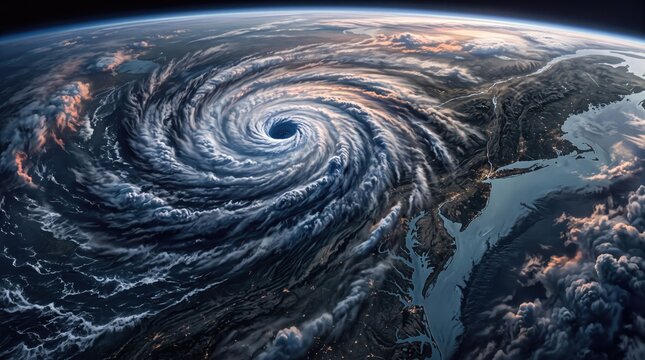 Massive hurricane vortex spinning over planet earth space view storm satellite
