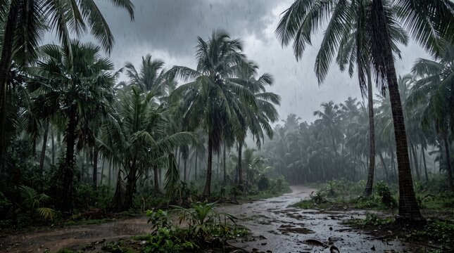 Tropical rainforest rain storm with palm trees and muddy path during monsoons, tropical
