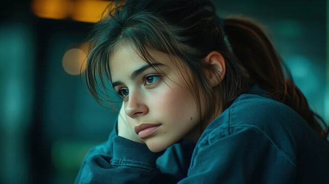 Pensive Woman Leans On Hand Lost In Thoughtful Reflection Portrait