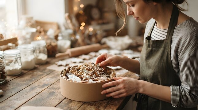 Baker packing gingerbread cookies on dining counter with soft