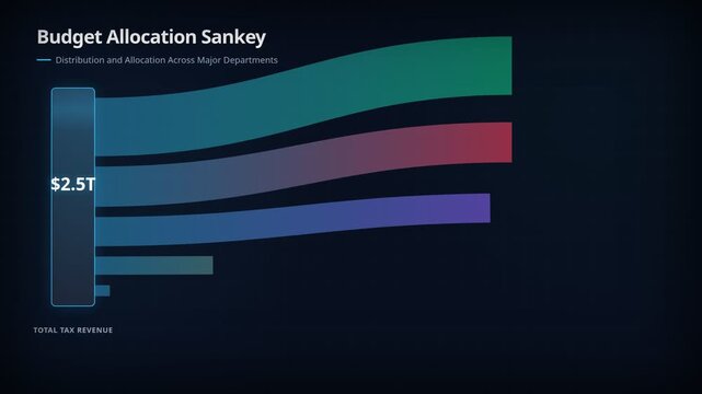 Budget allocation sankey diagram for national tax revenue distribution, for financial planning, fiscal management, economic strategy, resource allocation, government spending analysis for
