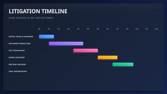 Litigation timeline visualization with legal case phases key milestones, for structured project management, strategic planning, procedural documentation, professional corporate workflow