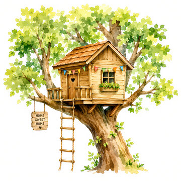Watercolor Illustration of Cute Treehouse on Tree, Nostalgic Childhood Tree House with Rope Ladder