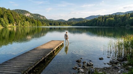 Fototapeta premium Woman standing in clear lake water by a wooden pier, surrounded by forest mountains reflecting on the calm surface, creating ripples