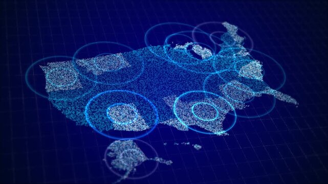 Modern United States map circular activity zones, dense point patterns regional emphasis. demographics, public services, infrastructure planning, telecom access, emergency response data visualization