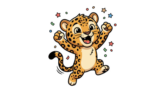 Vector illustration of a happy cartoon leopard cub jumping with joy, surrounded by colorful stars and confetti on a white background, featuring a smiling wild cat character.