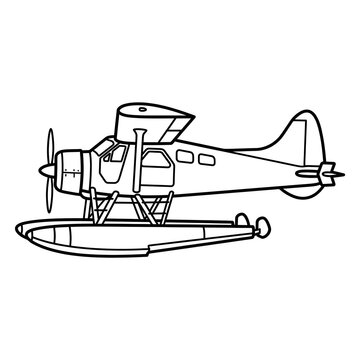 Black and white outline illustration of a seaplane floating on pontoons. Great for aviation designs, travel concepts, or minimalist icons.