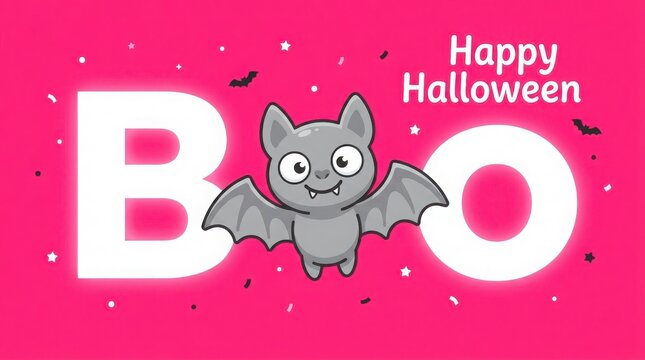 Happy Halloween greeting card with cute bat, pink background with Boo text, spooky seasonal banner for social media and party invitations