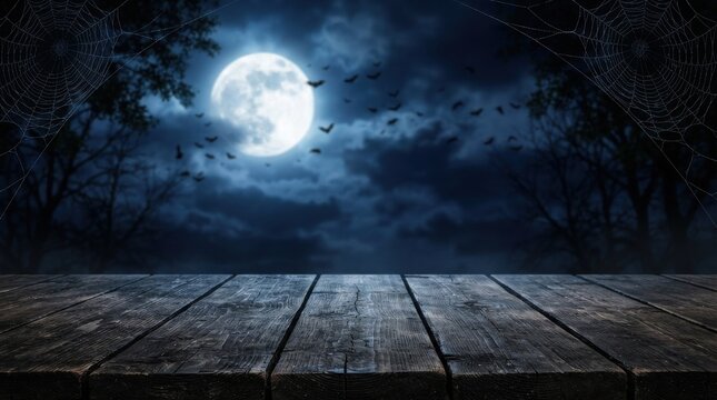 Spooky Halloween background with wooden table, full moon night sky with bats and spider webs, dark forest landscape