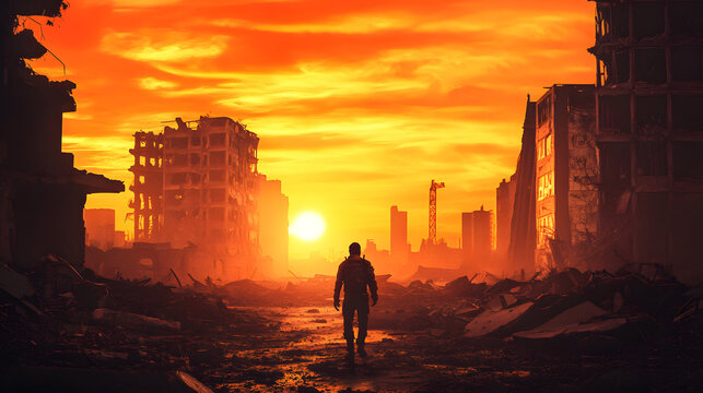 Lone survivor walks through desolate city ruins under a dramatic fiery orange sunset sky with depicts solitary figure walking through destroyed urban landscape