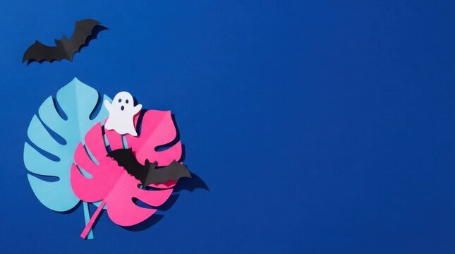 Halloween tropical flat lay, paper cut ghost and bats on monstera leaves, spooky summer party background with copy space