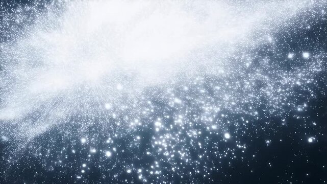 Drifting cloud of glowing white particles expands and disperses over a dark background. Design backdrop with flowing movement, glowing light and layered depth.