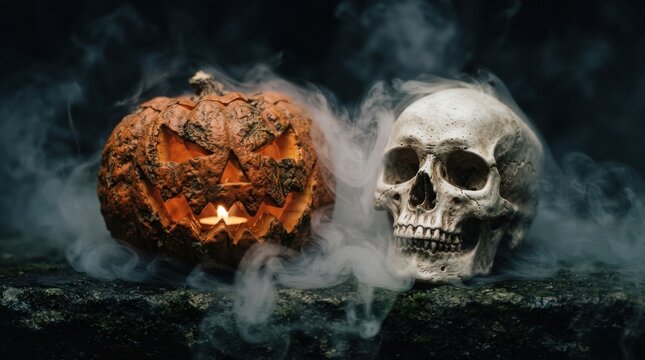  Spooky Halloween pumpkin and human skull, glowing jack o lantern with smoke on dark stone, eerie horror background for seasonal holiday