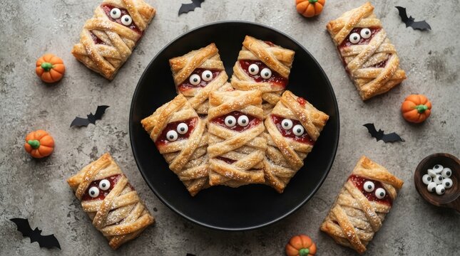  Halloween mummy hand pies with puff pastry and jam, spooky holiday treats on black plate, festive party food snacks