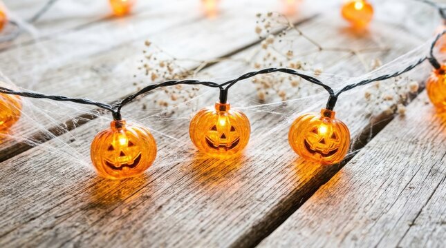 Halloween pumpkin string lights on rustic wood. Glowing jack-o-lantern fairy lights, festive orange holiday decor, autumn celebration background.