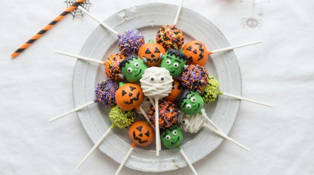 Halloween cake pops on a plate, spooky monster and pumpkin dessert treats, festive holiday party snacks with mummy and frankenstein