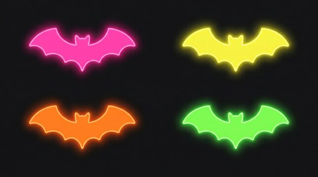  Neon bat silhouettes in vibrant colors, glowing Halloween animal icons set, colorful fluorescent bat symbols on black background