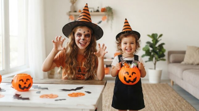 Halloween children in costumes at home, happy sisters wearing witch hats and face paint, festive autumn holiday celebration with pumpkin buckets