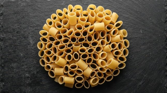 Dry ditalini pasta arranged in a circle, uncooked macaroni tubes on black slate, Italian pasta background for culinary design
