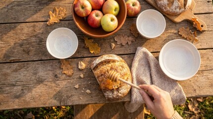 Fototapeta premium Hand drizzling golden honey onto fresh rustic bread during an autumn outdoor breakfast, with apples, bowls, and fallen leaves