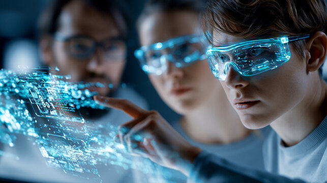 Jugendliche mit futuristischer AR-Brille interagieren mit digitalen Hologrammen in Blaut&ouml;nen, Zukunftstechnologie und Innovation.