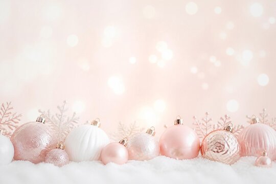 Christmas background with pink and white ornaments and snowflakes on snow