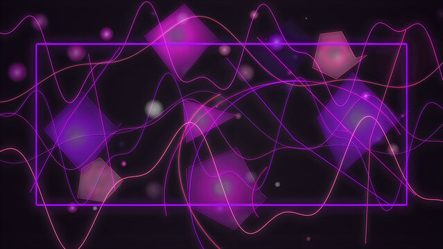 Abstract purple geometric background with glowing light waves and digital particle shapes.