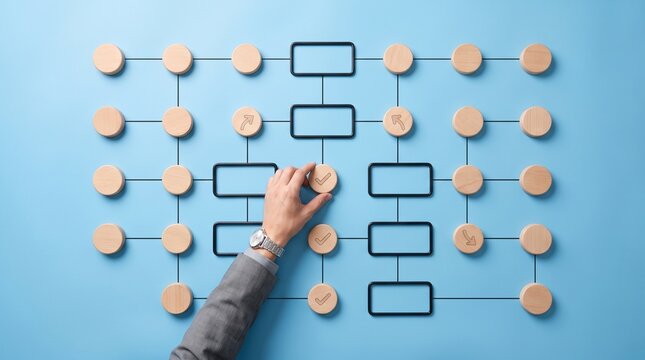 Hand Building Process Flowchart with Wooden Circles on Blue Background