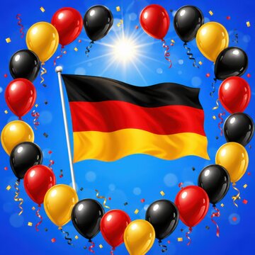 Germany flag with red black and yellow balloons on a blue background