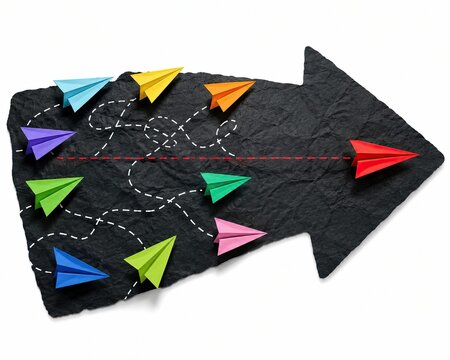 Colorful paper planes flying in formation towards a large black arrow on white