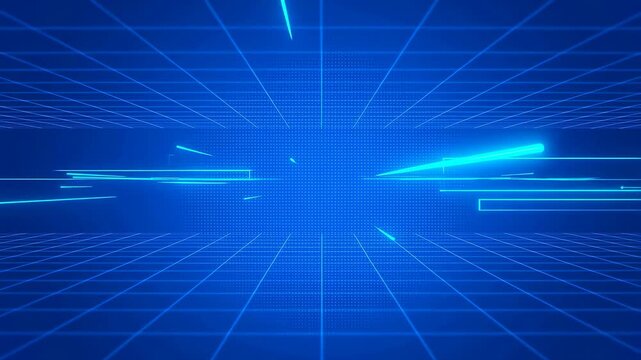 Glowing blue digital grid tunnel with horizontal light streaks moving forward. Abstract background features glowing horizontal lines and grid pattern with rhythmic movement.