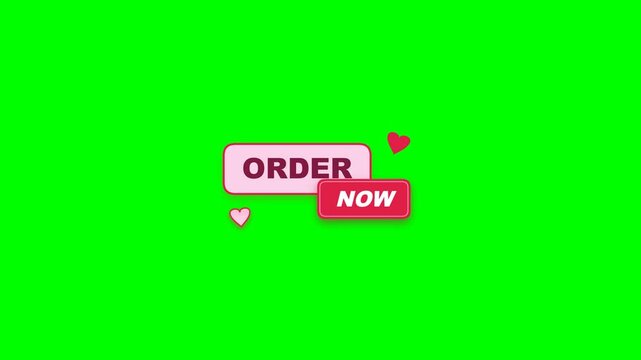 Order Now button with hearts, animated graphic on green screen, ideal for e-commerce and marketing campaigns