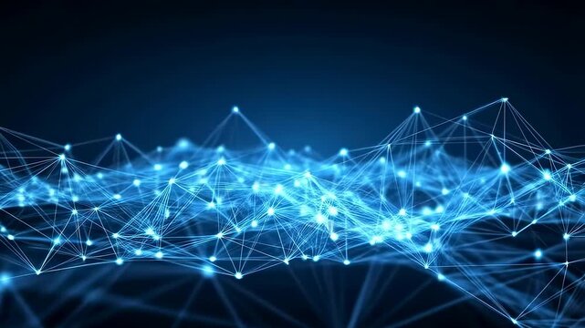 Glowing blue nodes pulse and shift as connecting lines form a dynamic digital network mesh on a dark background. Animated scene combines points lines mesh glowing with light.