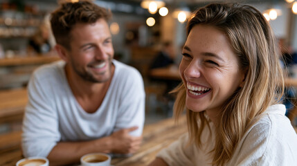 Fototapeta premium Mann und Frau lachen herzlich in gemütlichem Café, warmes Licht, unscharfer Hintergrund, ideal für Lifestyle-Werbung.